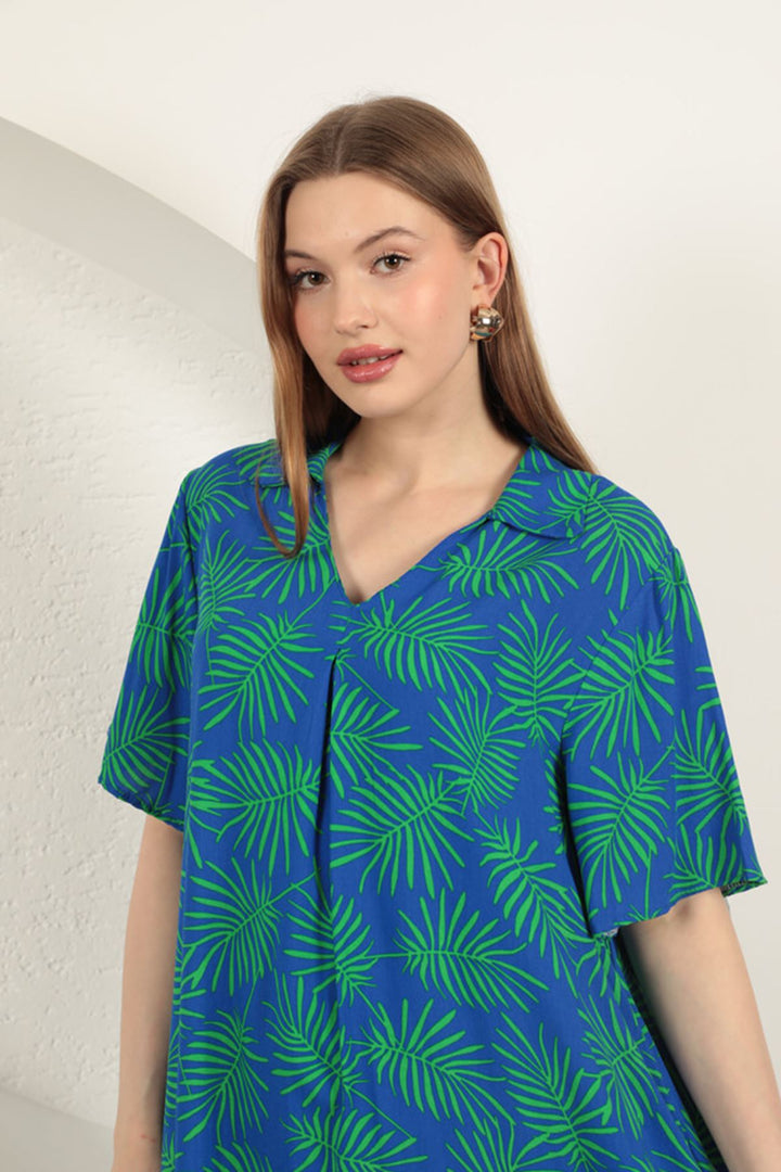 KKT Viscose Palm Patterned Dress-Sax/Green - Chervonohrad