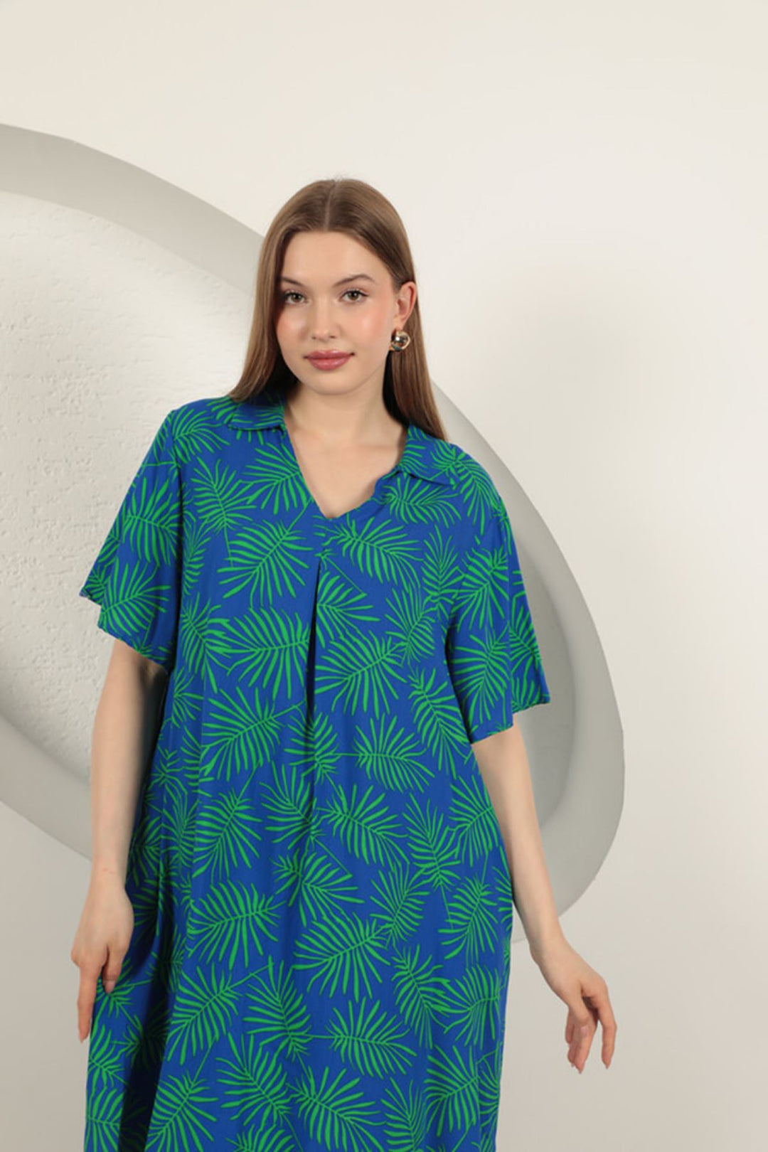 KKT Viscose Palm Patterned Dress-Sax/Green - Chervonohrad