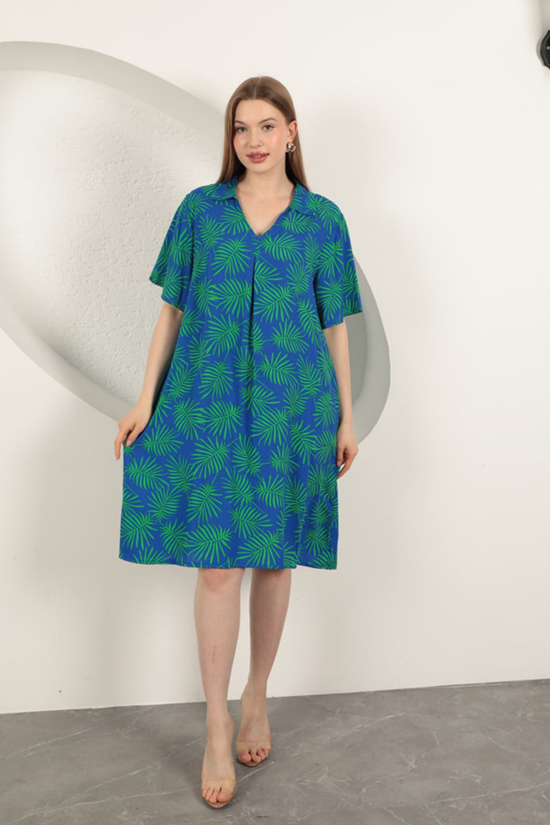 KKT Viscose Palm Patterned Dress-Sax/Green - Chervonohrad