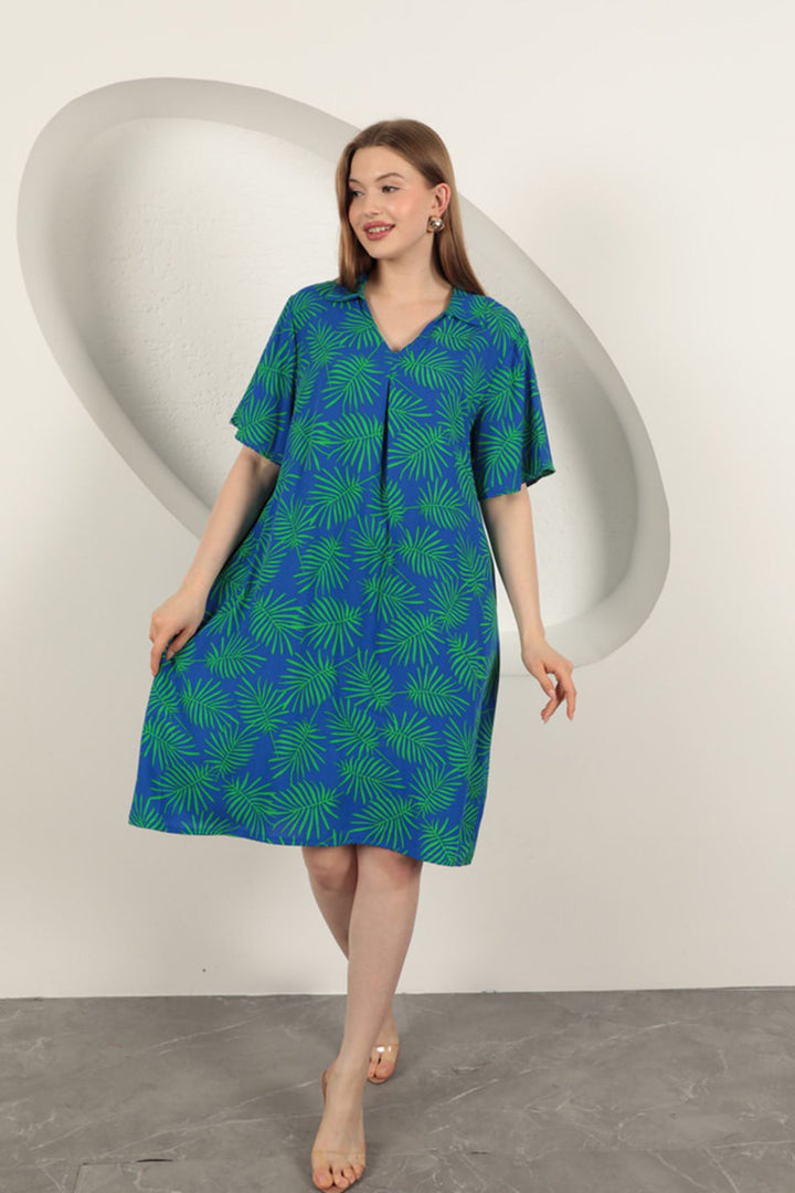 KKT Viscose Palm Patterned Dress-Sax/Green - Chervonohrad