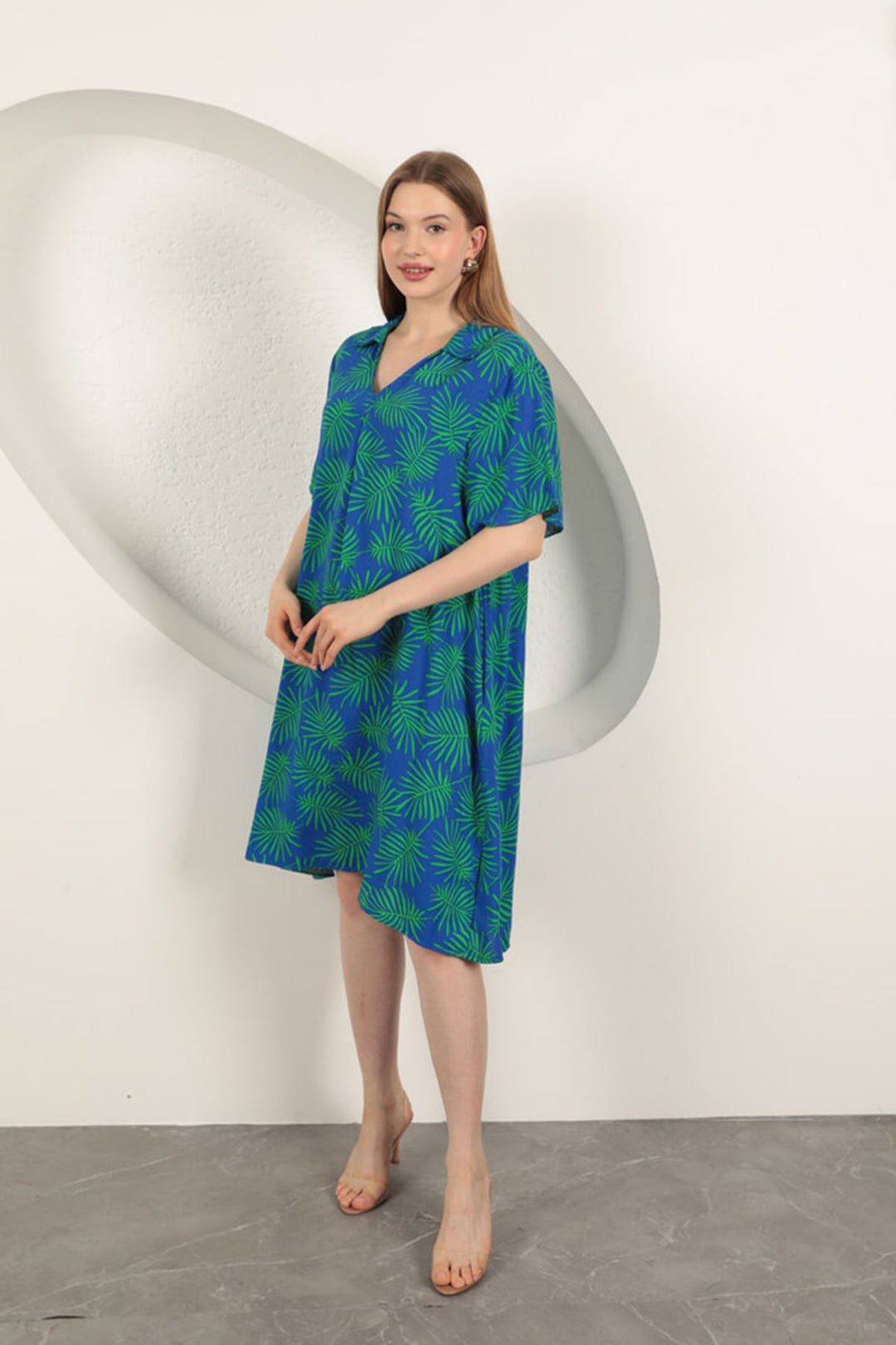 KKT Viscose Palm Patterned Dress-Sax/Green - Chervonohrad