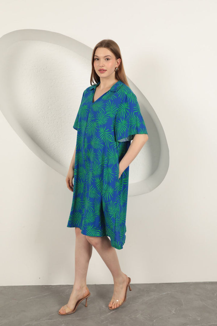 KKT Viscose Palm Patterned Dress-Sax/Green - Chervonohrad