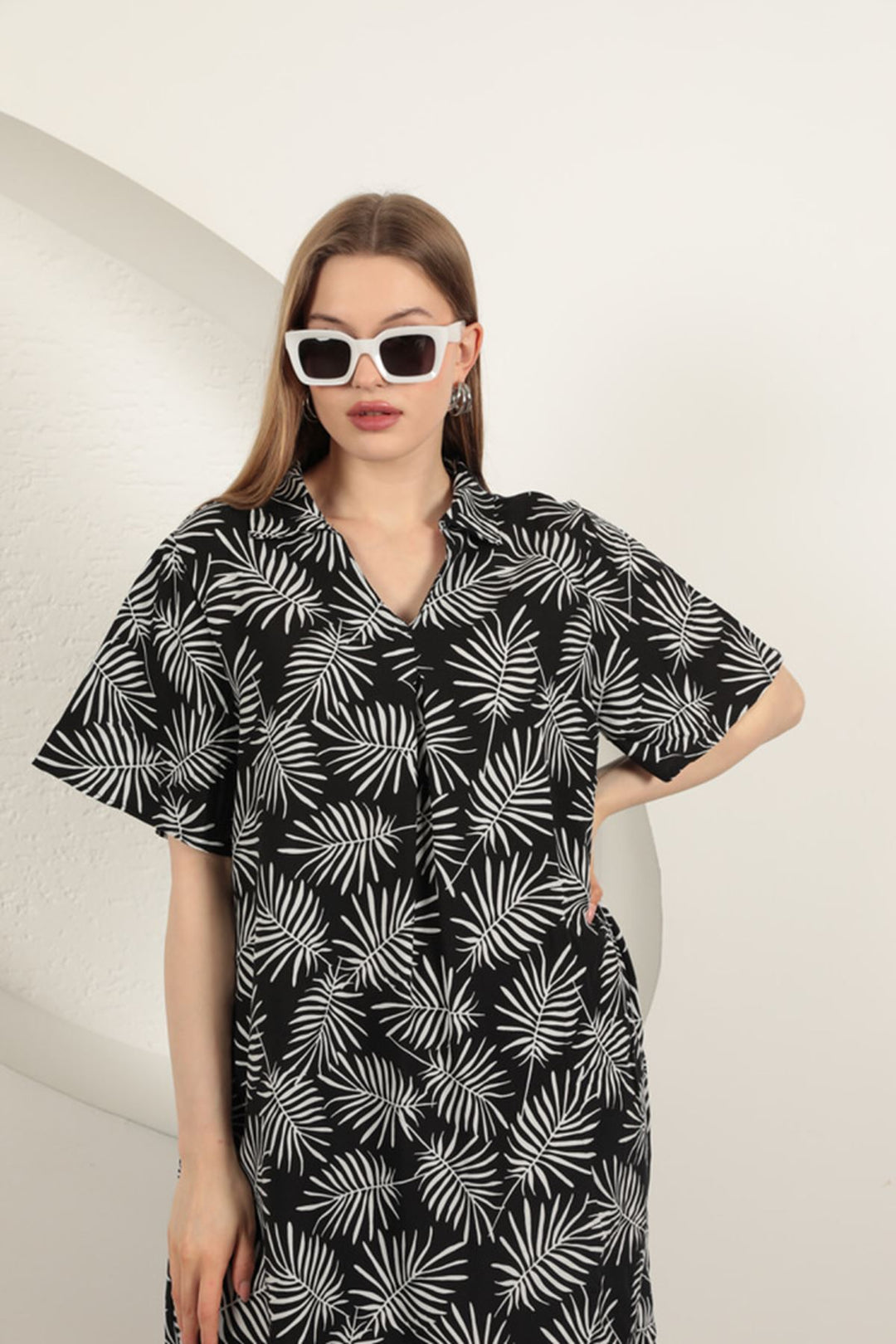 KKT Viscose Palm Patterned Dress-Black - Dagenham