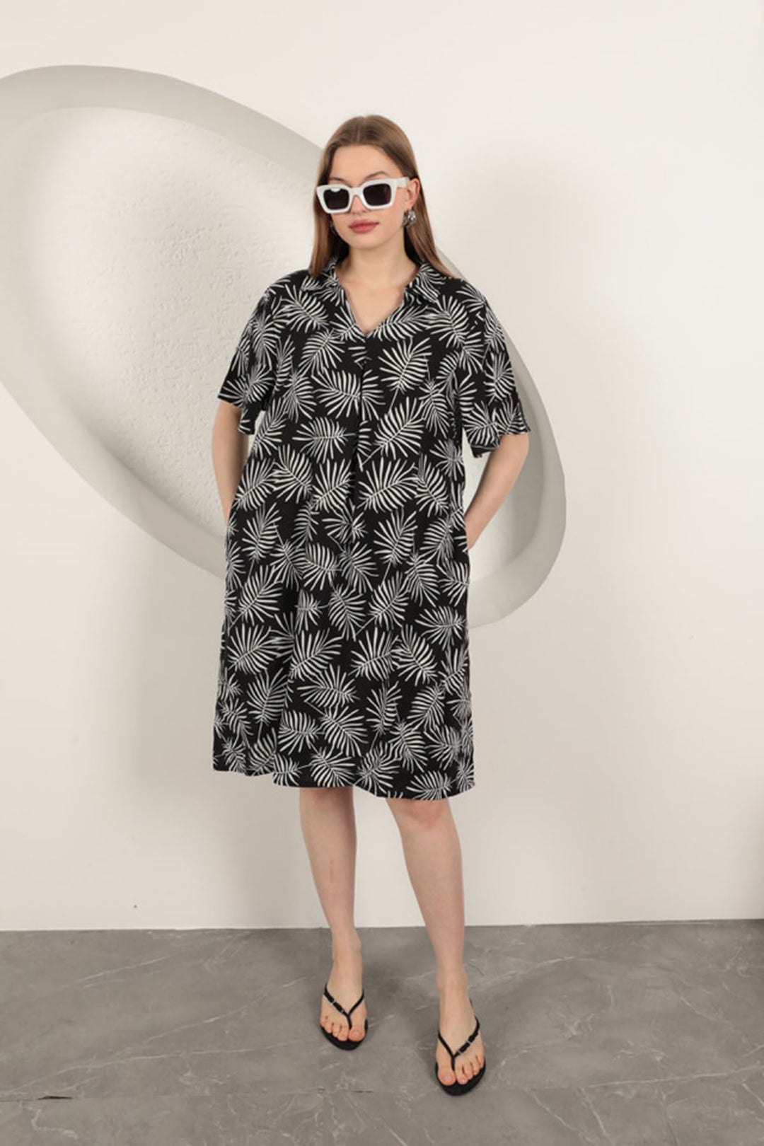 KKT Viscose Palm Patterned Dress-Black - Dagenham