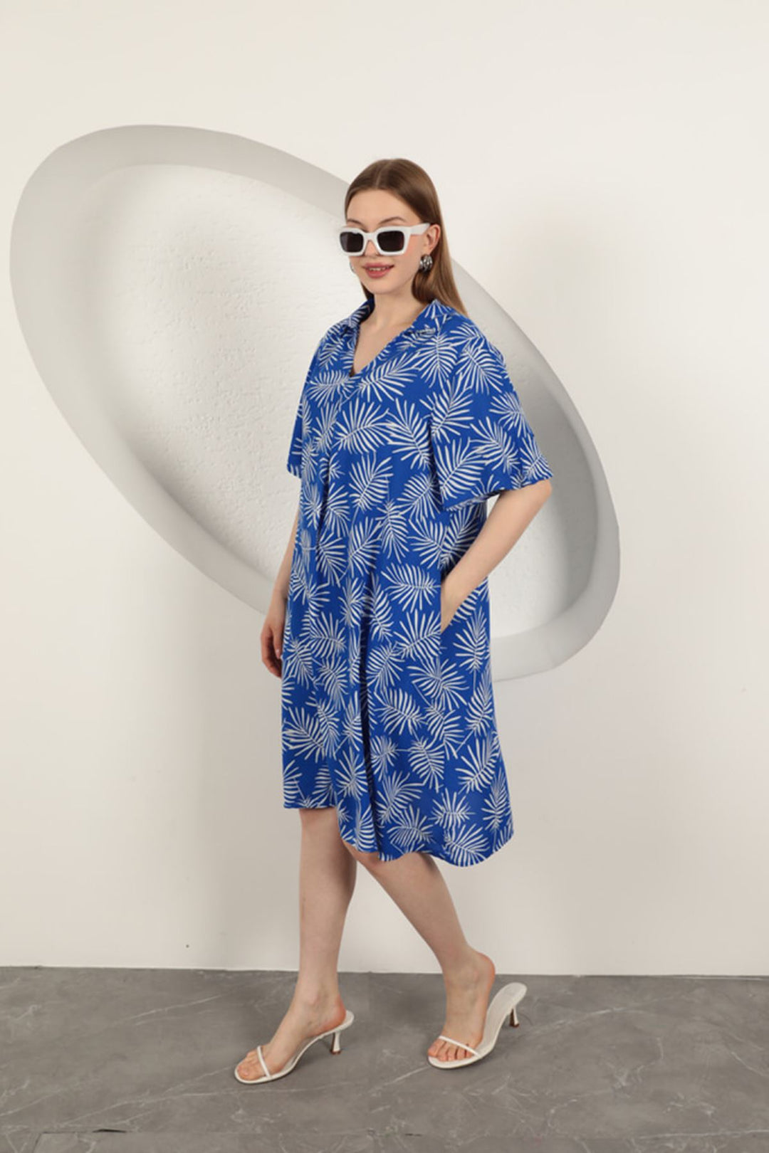 KKT Viscose Palm Patterned Dress-Sax - Bristol