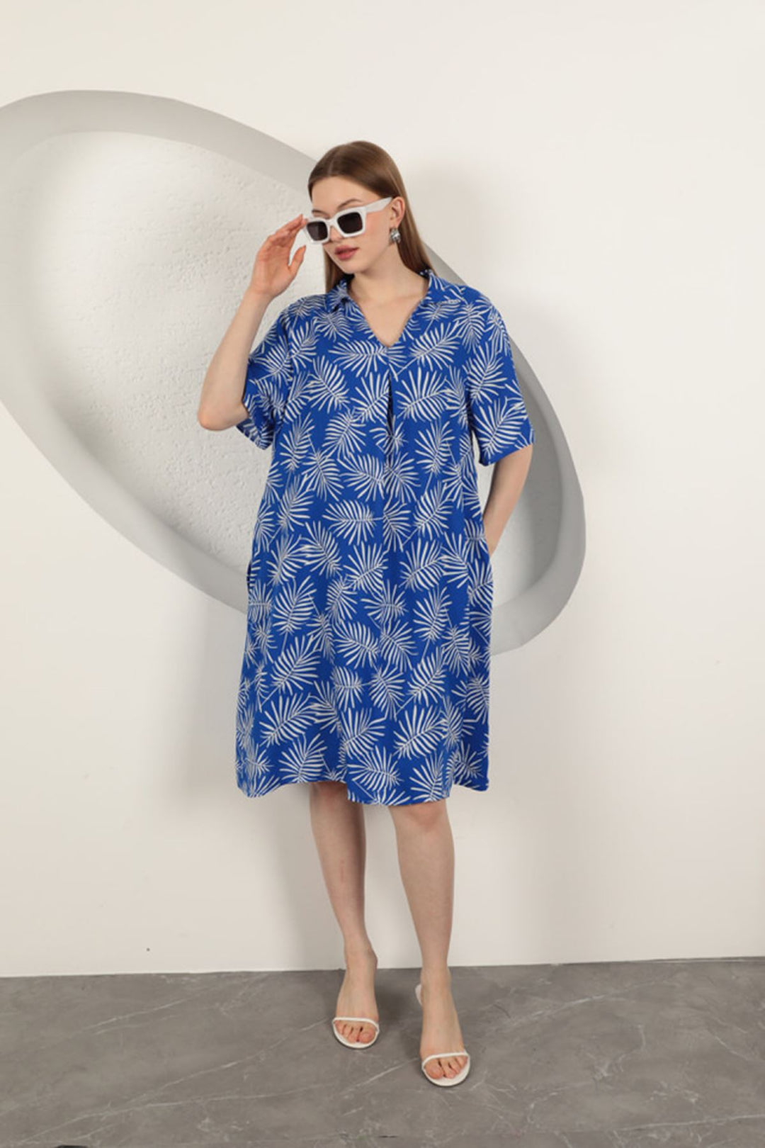 KKT Viscose Palm Patterned Dress-Sax - Bristol