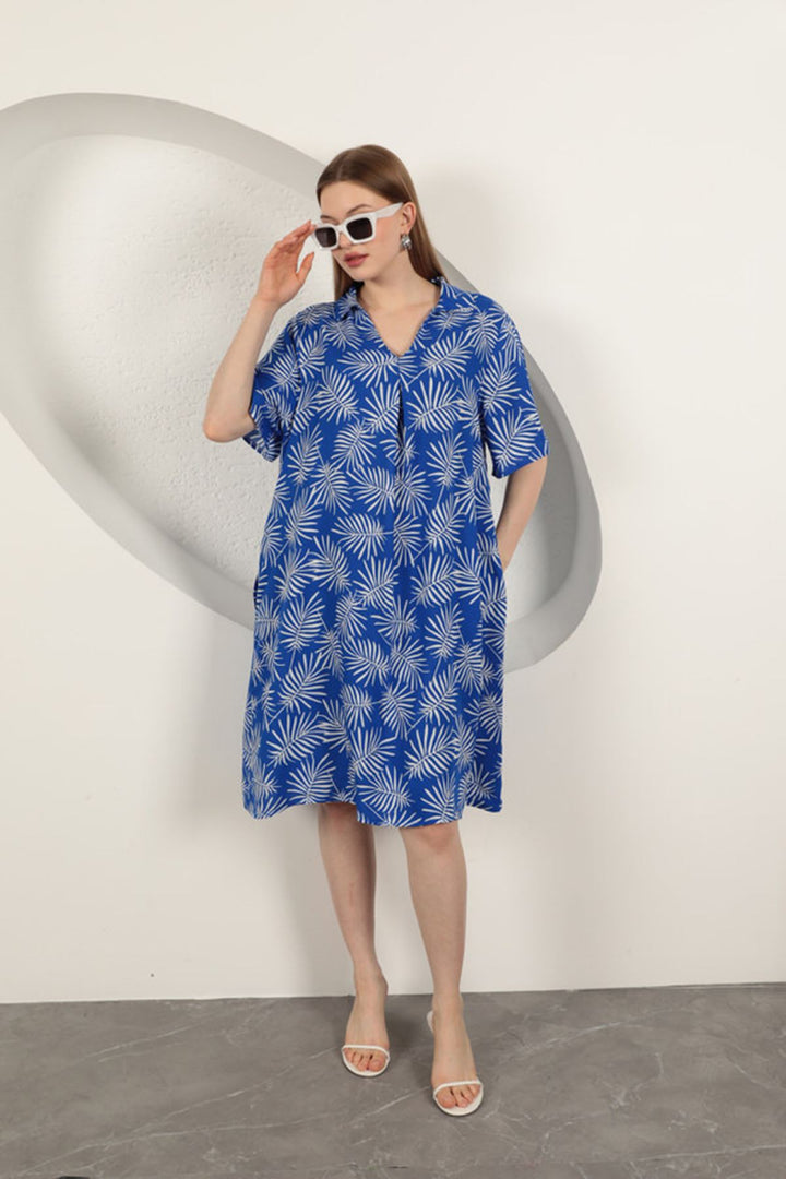 KKT Viscose Palm Patterned Dress-Sax - Bristol