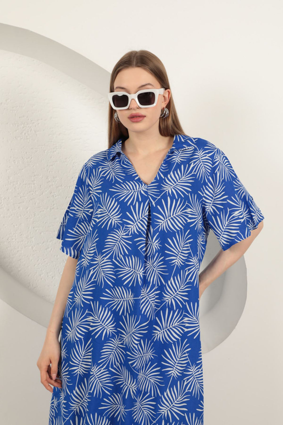 KKT Viscose Palm Patterned Dress-Sax - Bristol