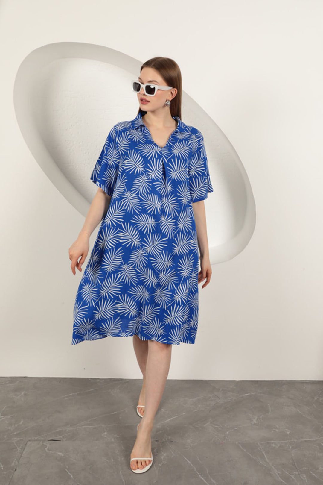 KKT Viscose Palm Patterned Dress-Sax - Bristol