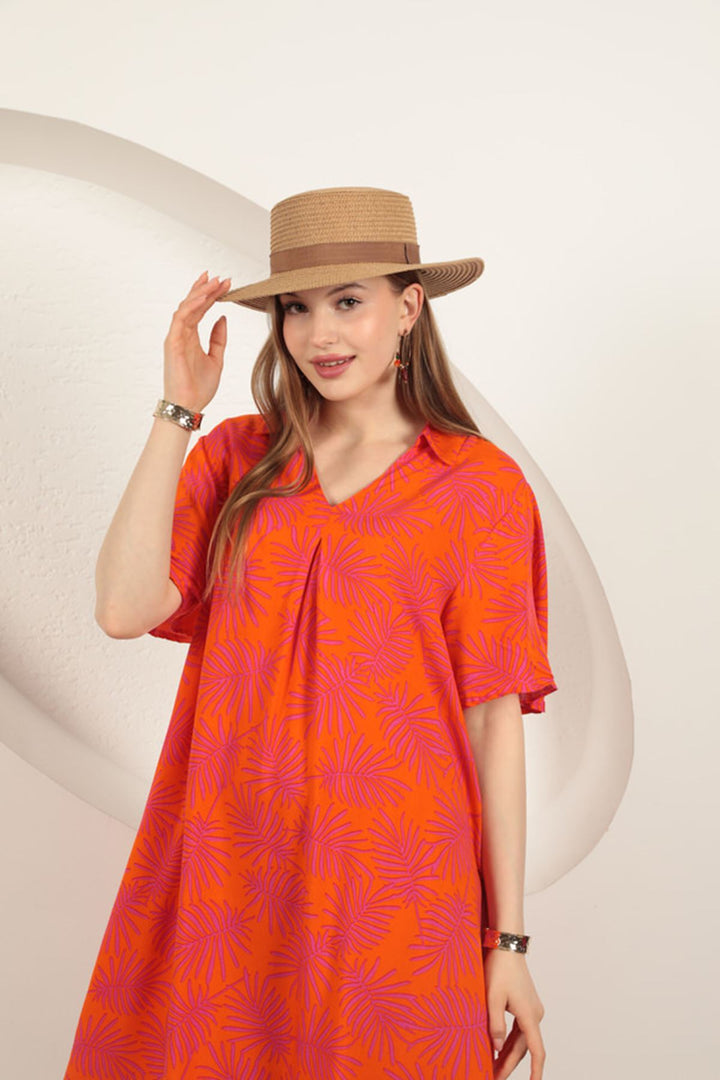 KKT Viscose Palm Patterned Dress-Orange - Viseu