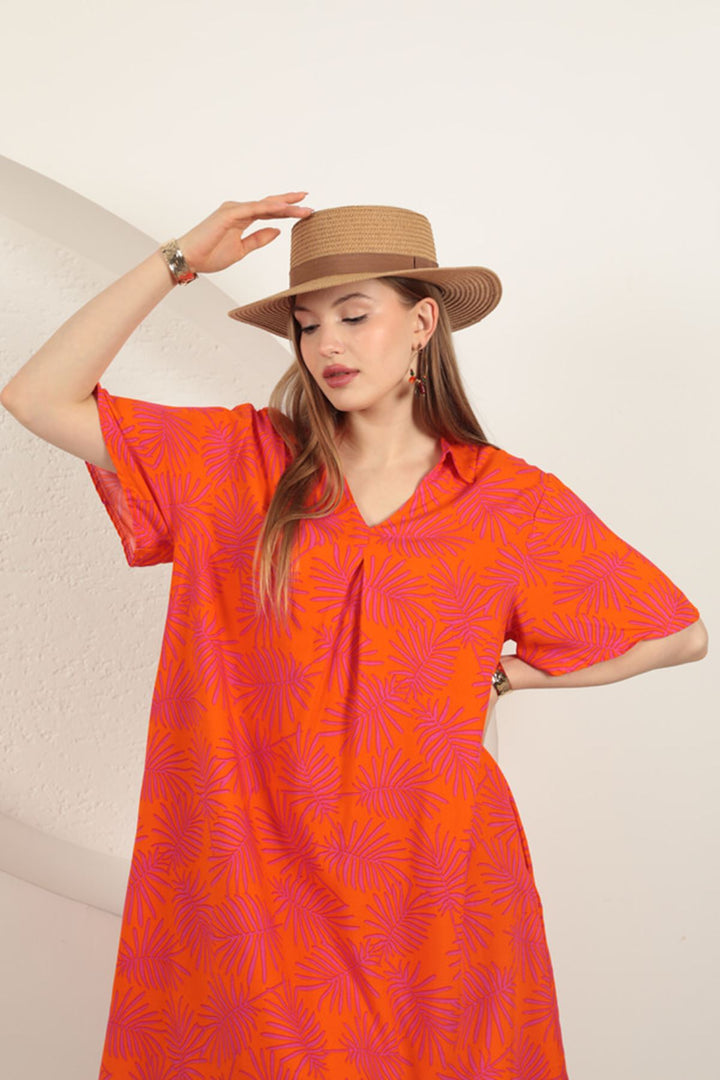 KKT Viscose Palm Patterned Dress-Orange - Viseu