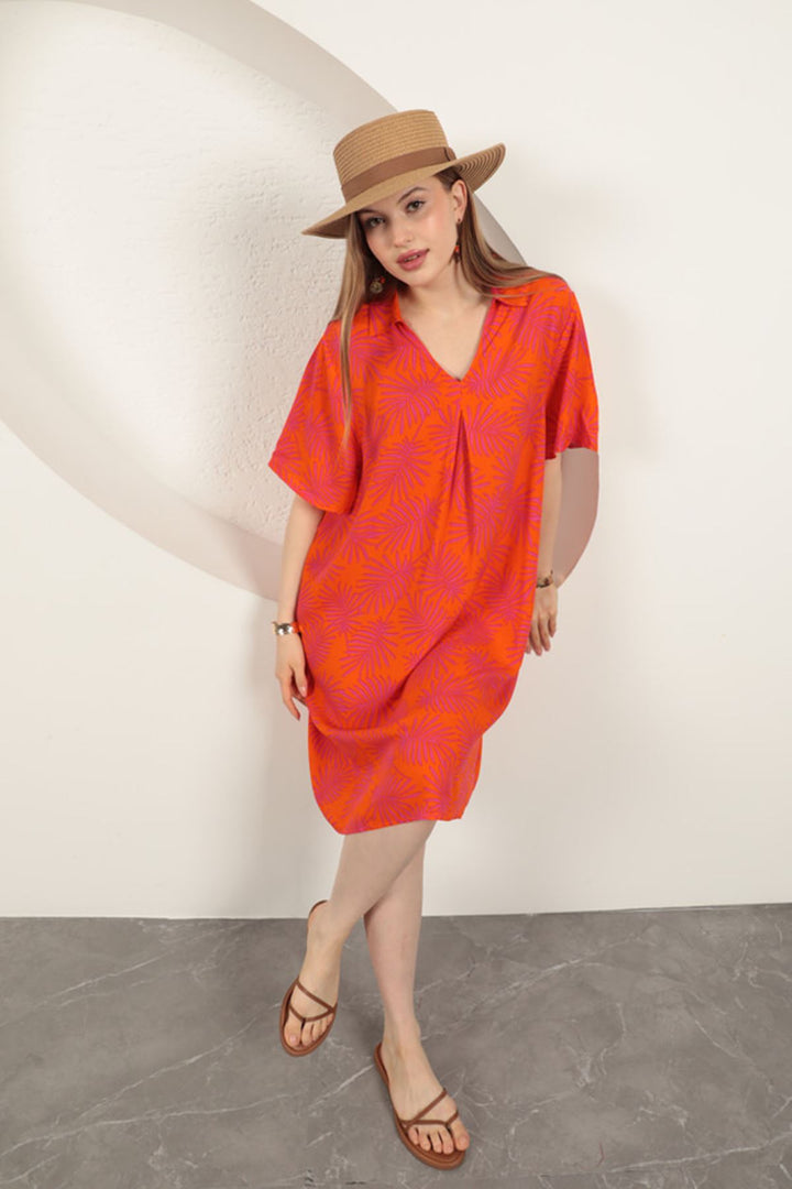 KKT Viscose Palm Patterned Dress-Orange - Viseu