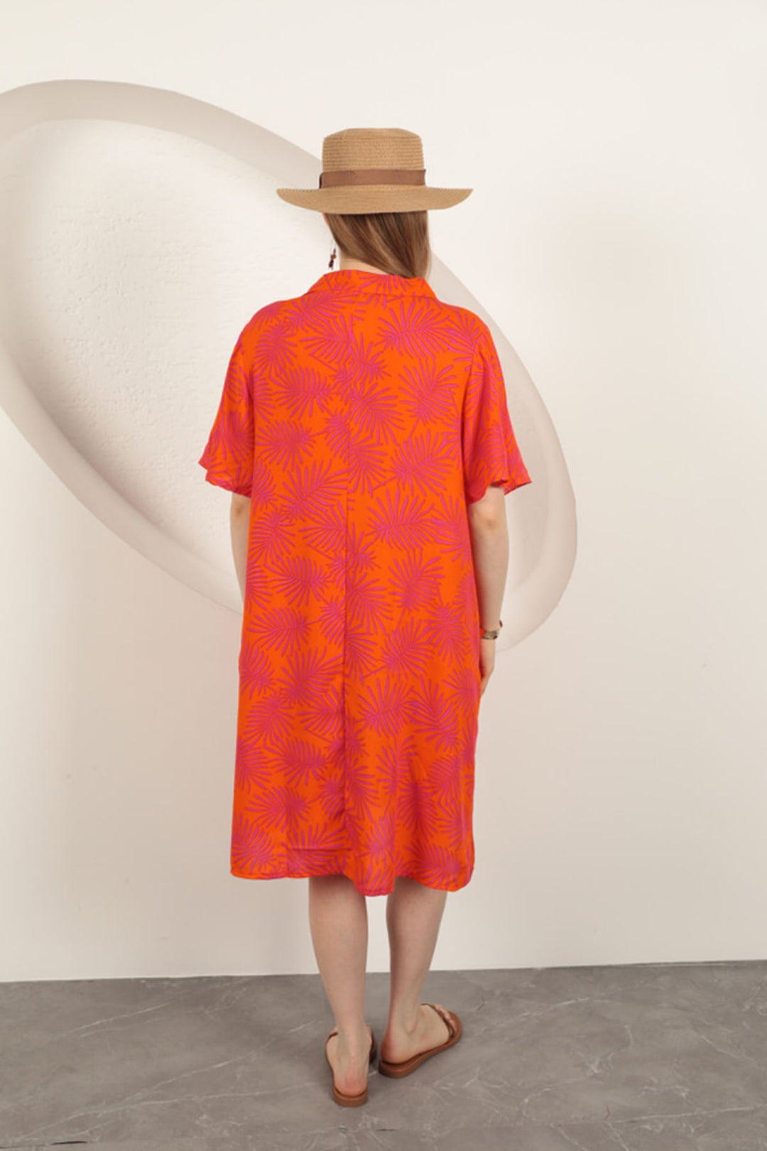KKT Viscose Palm Patterned Dress-Orange - Viseu