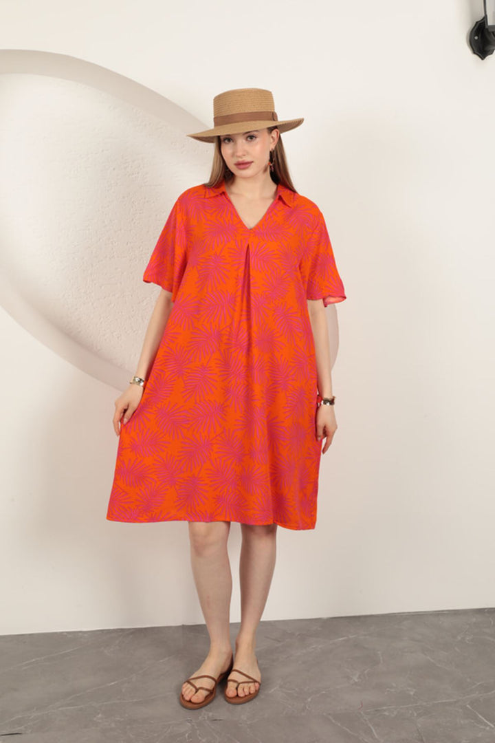 KKT Viscose Palm Patterned Dress-Orange - Viseu