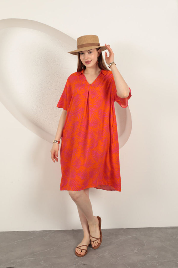 KKT Viscose Palm Patterned Dress-Orange - Viseu