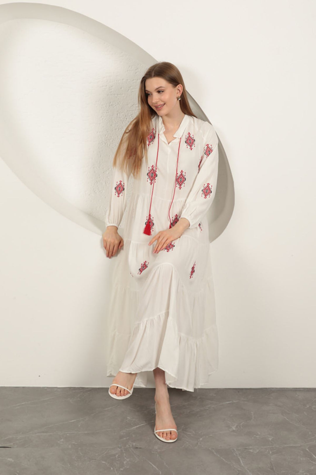 KKT Viscose Fabric Crisp Embroidered Dress-Ecru - Eastleigh