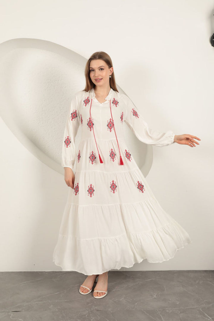 KKT Viscose Fabric Crisp Embroidered Dress-Ecru - Eastleigh