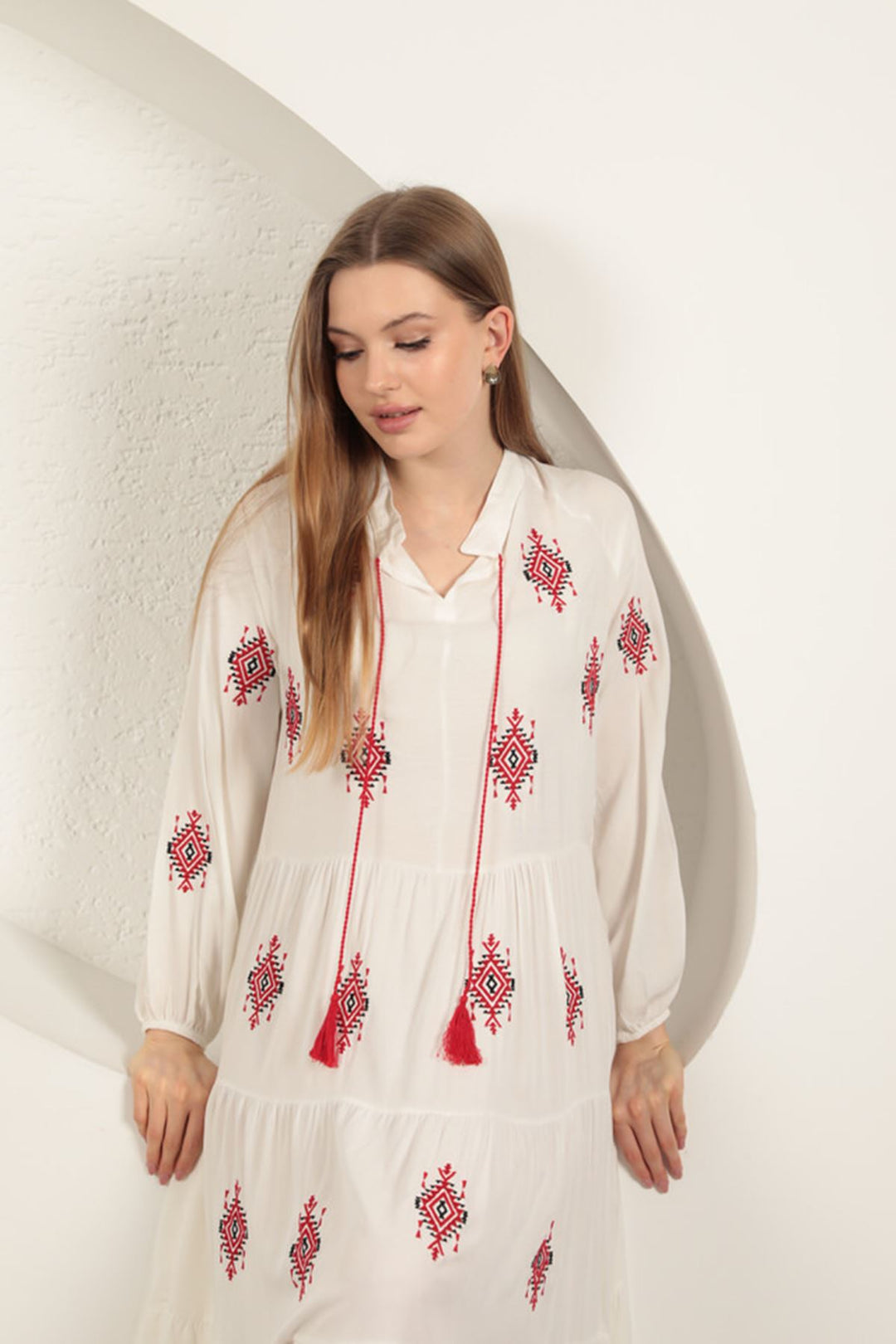 KKT Viscose Fabric Crisp Embroidered Dress-Ecru - Eastleigh