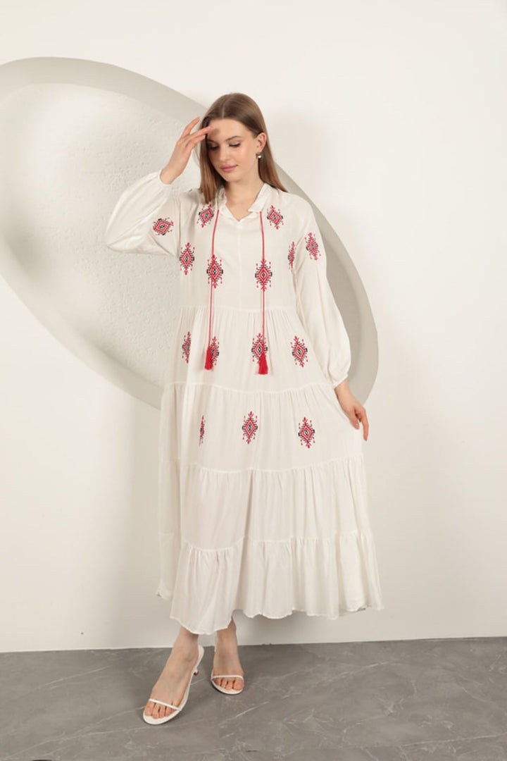 KKT Viscose Fabric Crisp Embroidered Dress-Ecru - Eastleigh