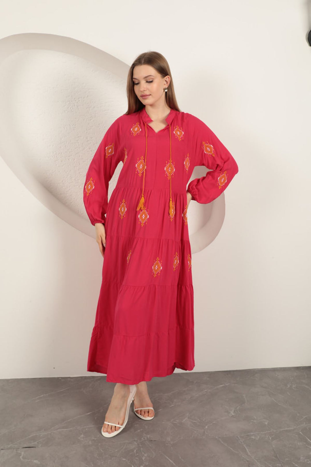 KKT Viscose Fabric Crisp Embroidered Dress-Fuchsia - Carmen