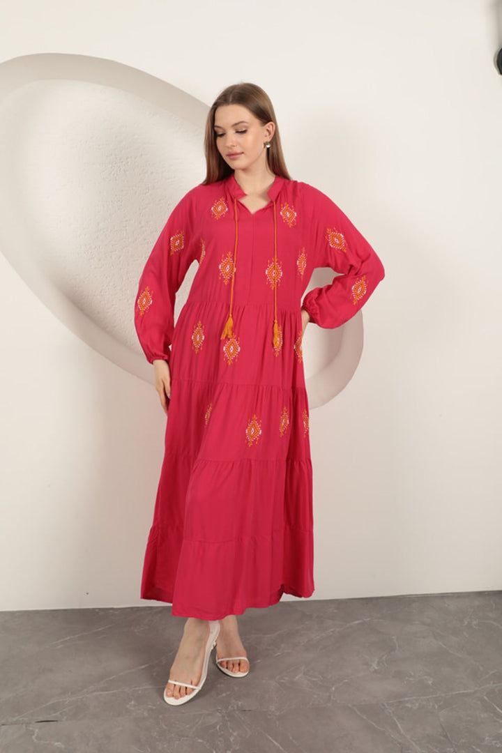 KKT Viscose Fabric Crisp Embroidered Dress-Fuchsia - Carmen