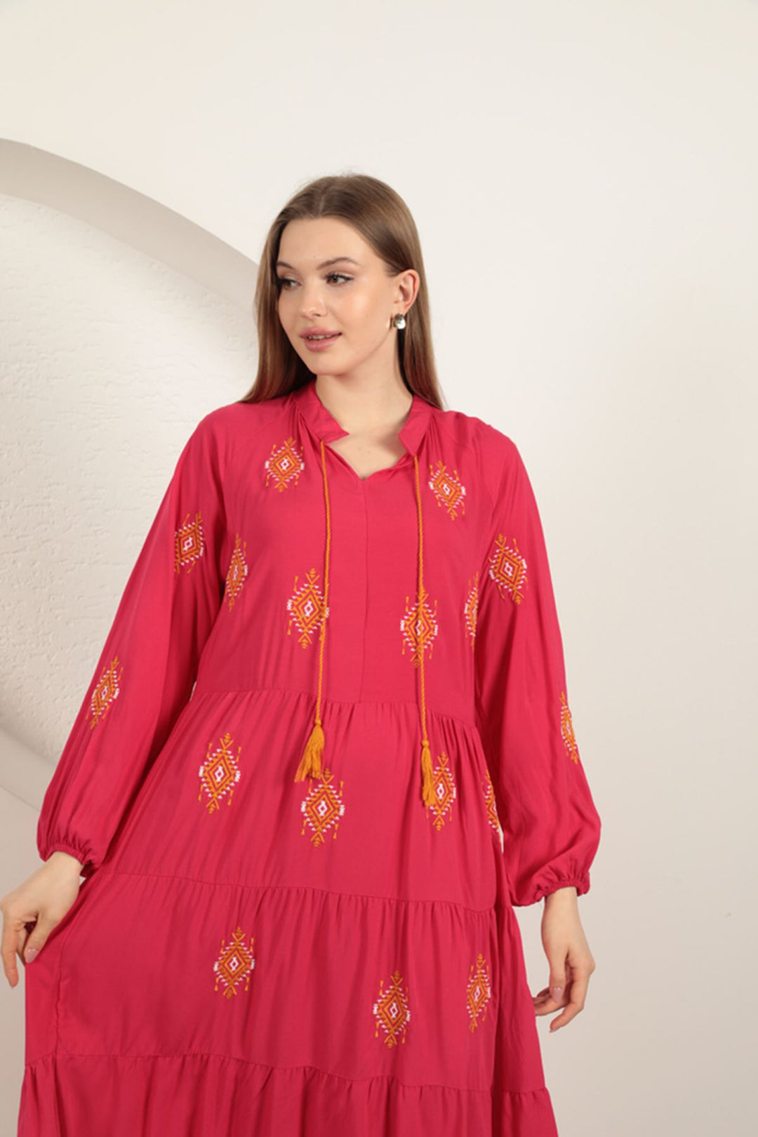 KKT Viscose Fabric Crisp Embroidered Dress-Fuchsia - Carmen