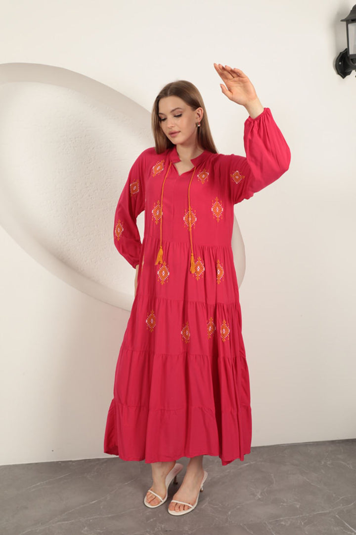 KKT Viscose Fabric Crisp Embroidered Dress-Fuchsia - Carmen