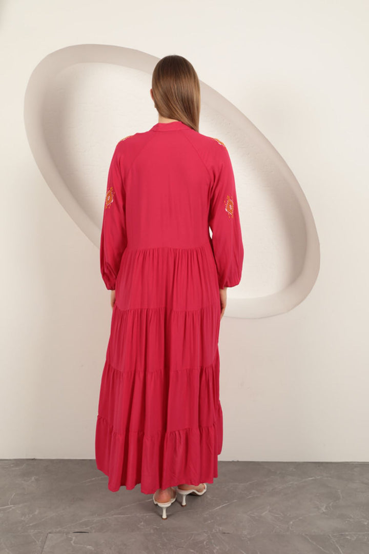 KKT Viscose Fabric Crisp Embroidered Dress-Fuchsia - Carmen