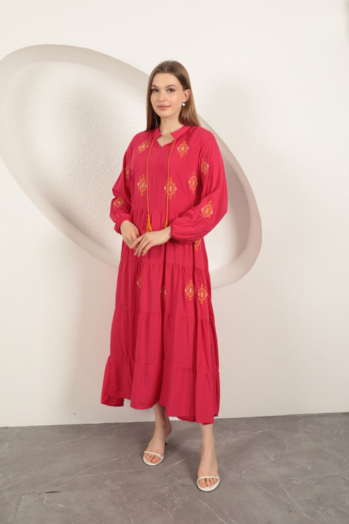 KKT Viscose Fabric Crisp Embroidered Dress-Fuchsia - Carmen
