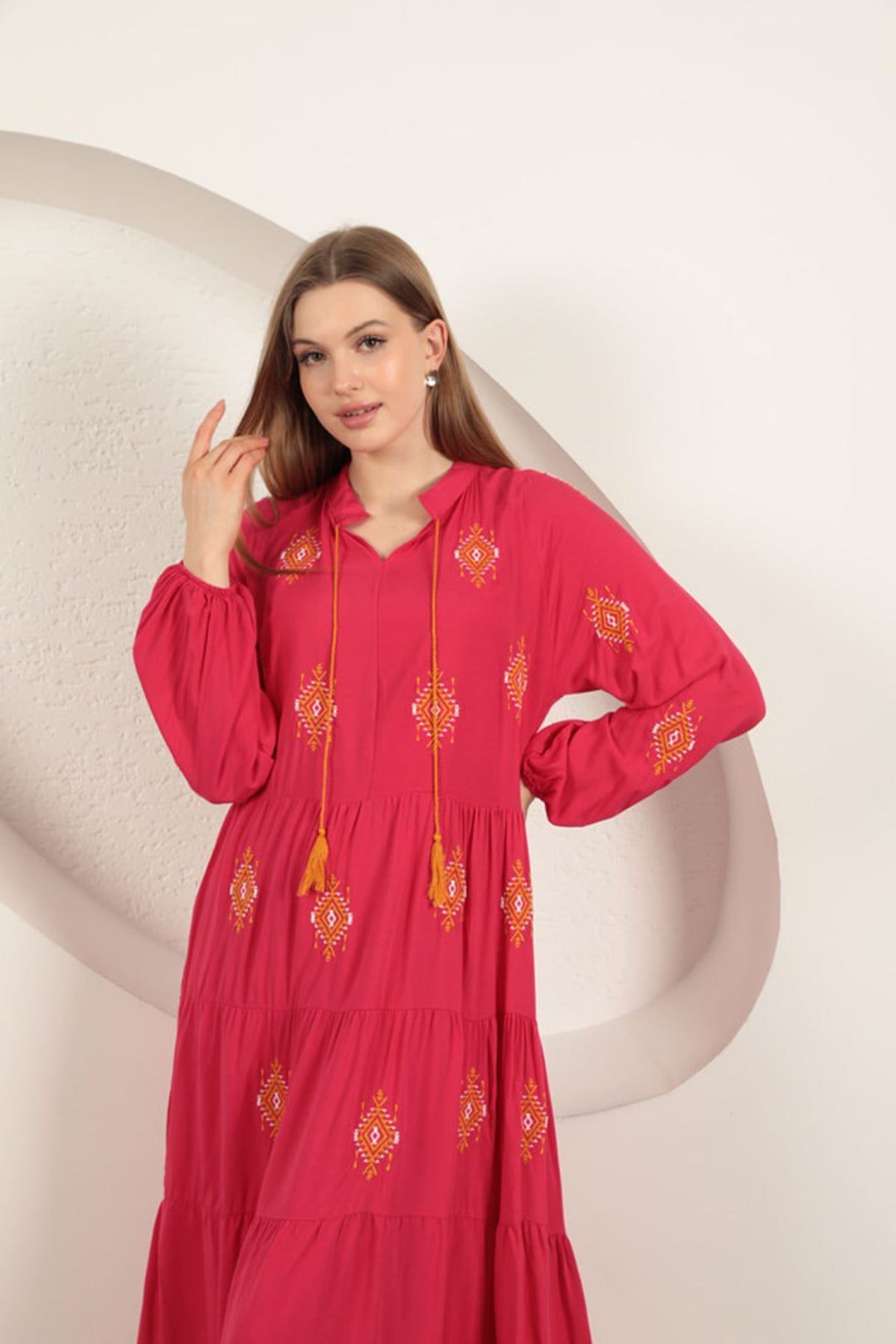 KKT Viscose Fabric Crisp Embroidered Dress-Fuchsia - Carmen