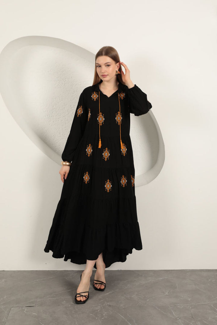 KKT Viscose Fabric Crisp Embroidered Dress-Black - Sunrise Manor