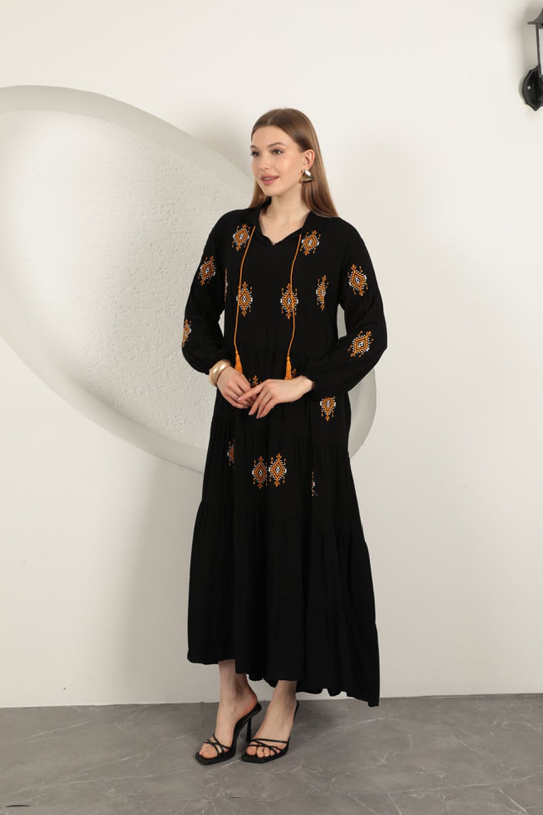 KKT Viscose Fabric Crisp Embroidered Dress-Black - Sunrise Manor