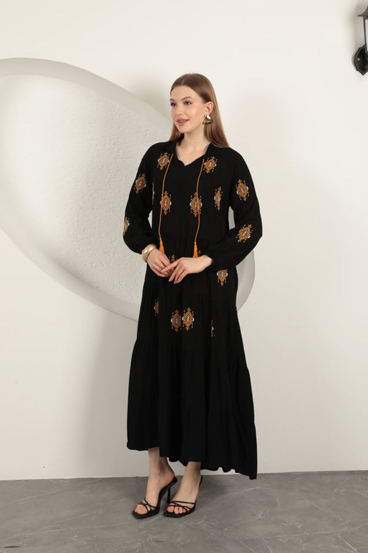KKT Viscose Fabric Crisp Embroidered Dress-Black - Sunrise Manor
