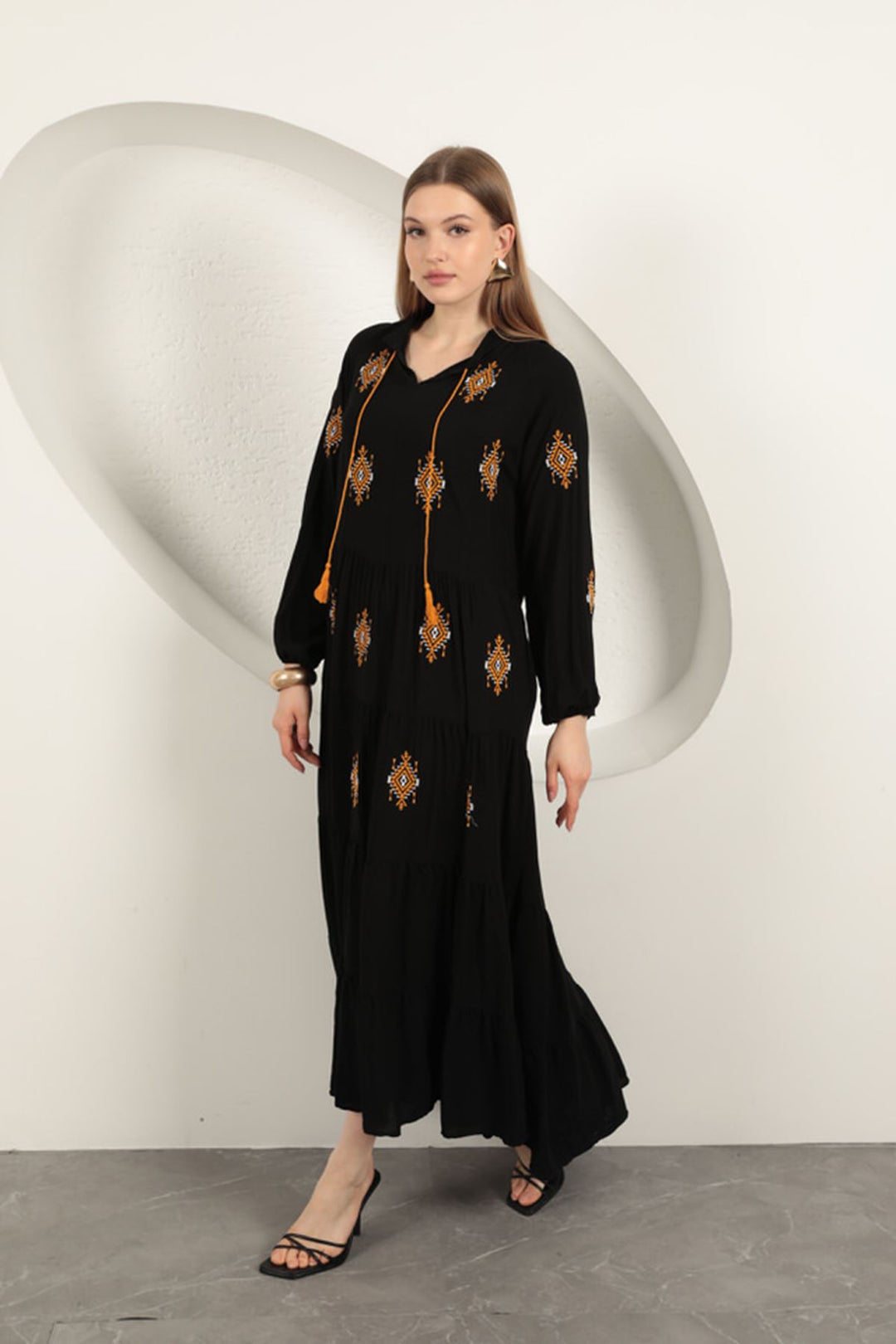 KKT Viscose Fabric Crisp Embroidered Dress-Black - Sunrise Manor