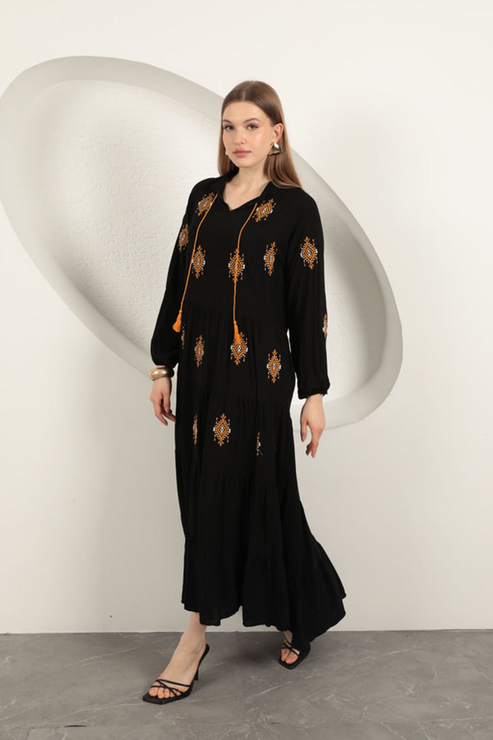 KKT Viscose Fabric Crisp Embroidered Dress-Black - Sunrise Manor