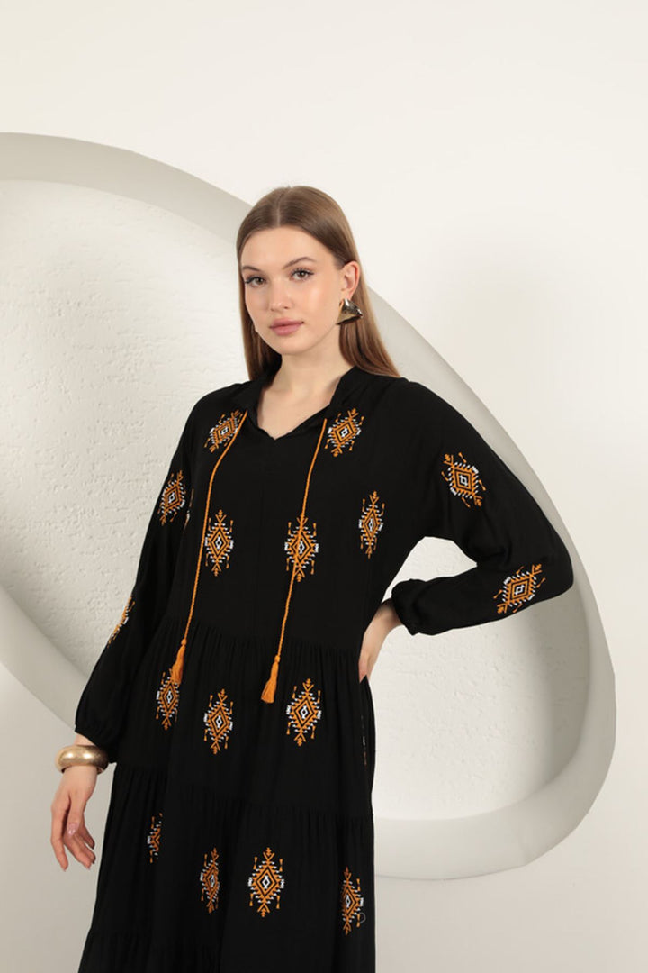 KKT Viscose Fabric Crisp Embroidered Dress-Black - Sunrise Manor