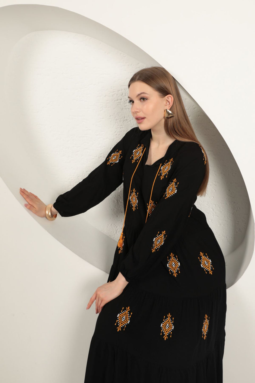 KKT Viscose Fabric Crisp Embroidered Dress-Black - Sunrise Manor