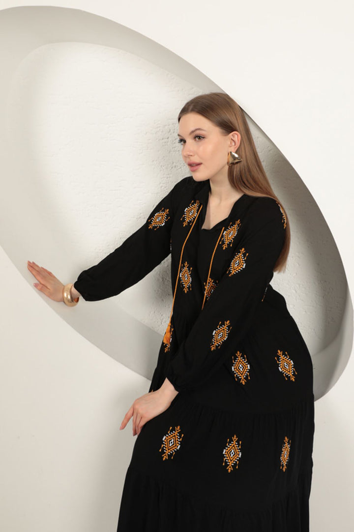 KKT Viscose Fabric Crisp Embroidered Dress-Black - Sunrise Manor