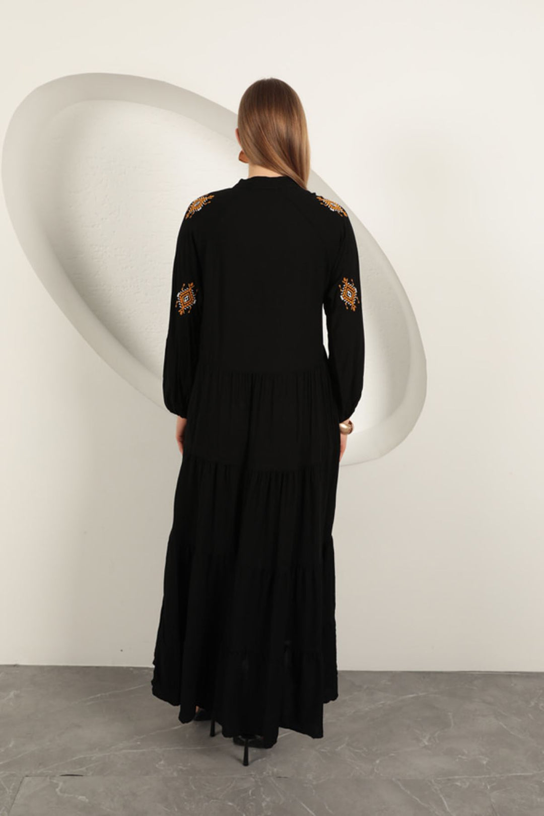 KKT Viscose Fabric Crisp Embroidered Dress-Black - Sunrise Manor