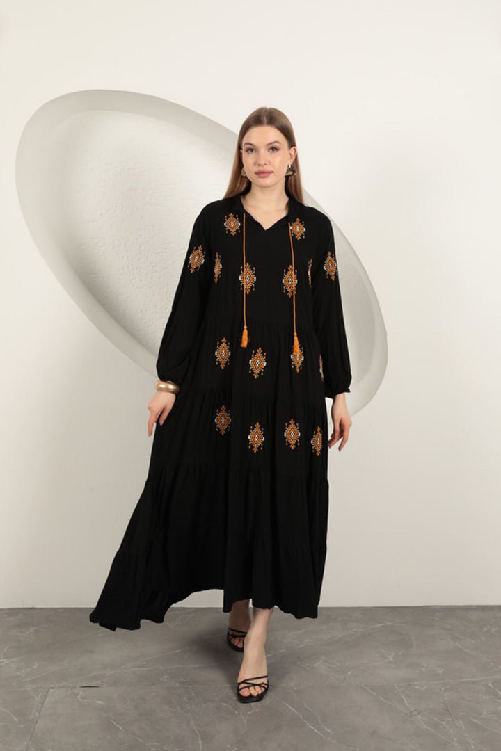 KKT Viscose Fabric Crisp Embroidered Dress-Black - Sunrise Manor