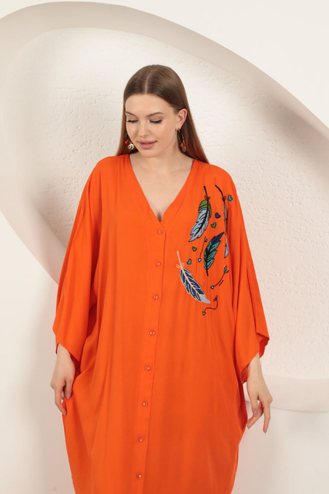 KKT Viscose Leaf Embroidered Dress-Orange - Lagos de Moreno