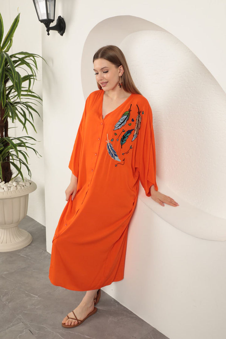 KKT Viscose Leaf Embroidered Dress-Orange - Lagos de Moreno