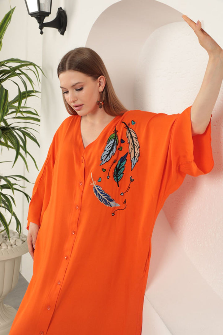 KKT Viscose Leaf Embroidered Dress-Orange - Lagos de Moreno