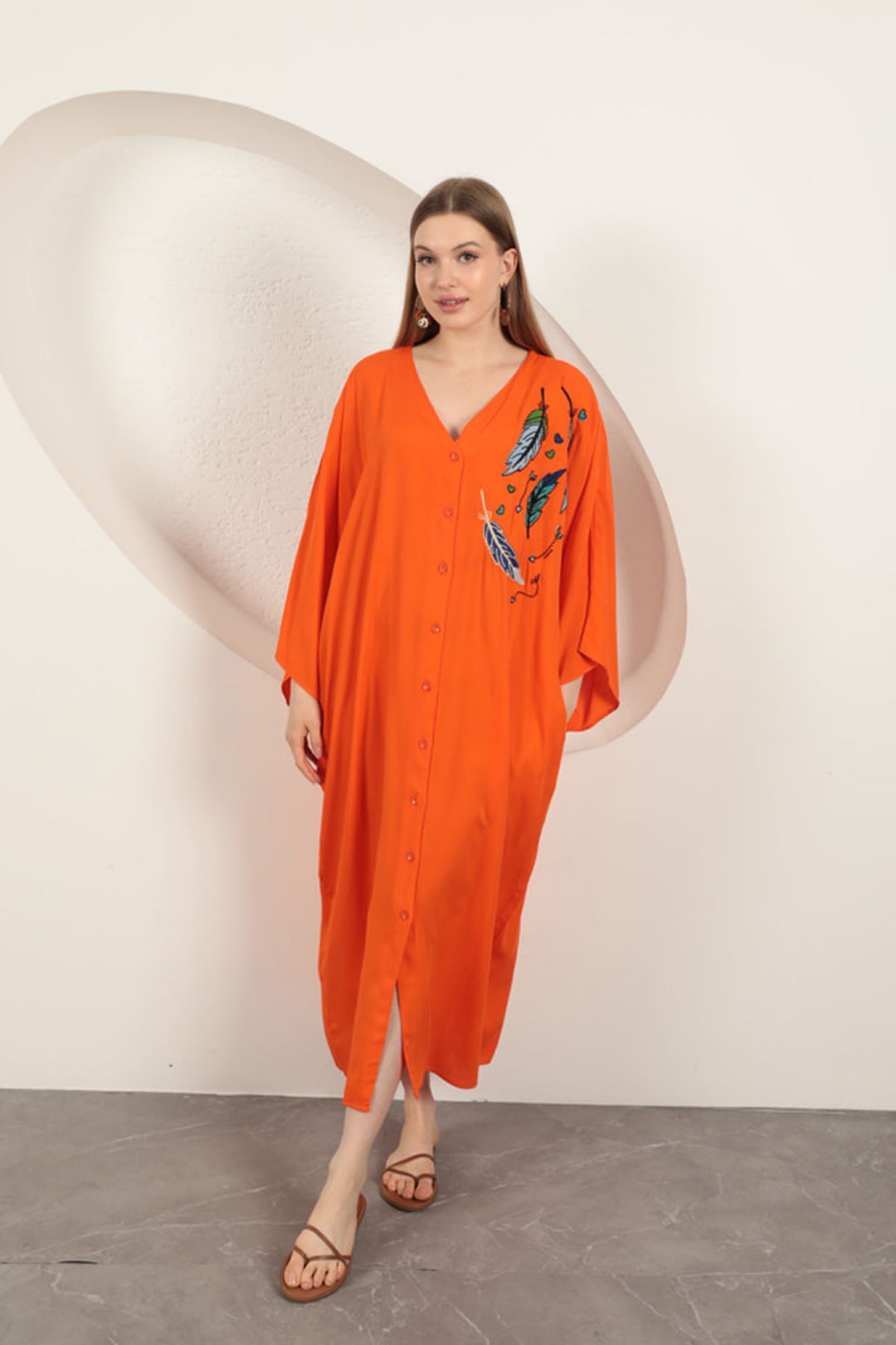 KKT Viscose Leaf Embroidered Dress-Orange - Lagos de Moreno