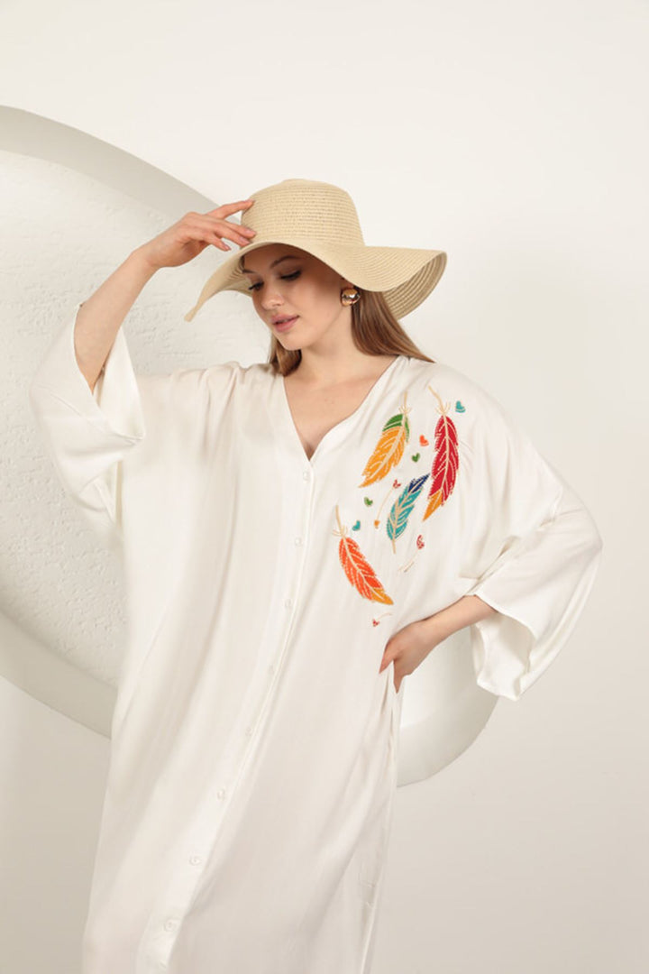 KKT Viscose Leaf Embroidered Dress-Ecru - Ames