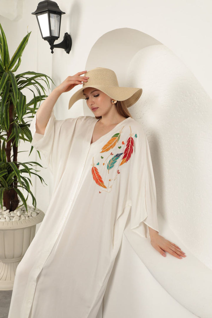 KKT Viscose Leaf Embroidered Dress-Ecru - Ames
