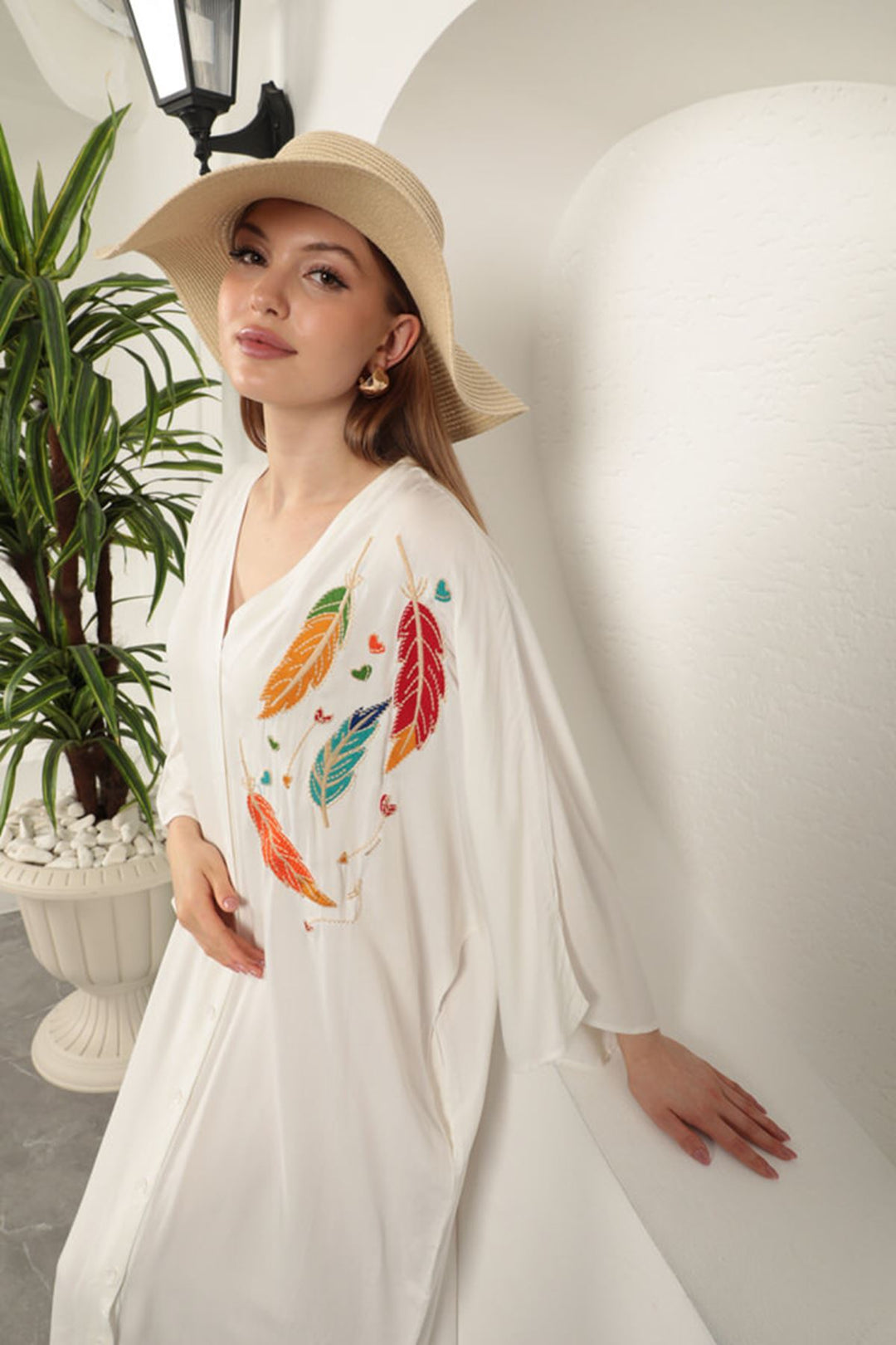 KKT Viscose Leaf Embroidered Dress-Ecru - Ames