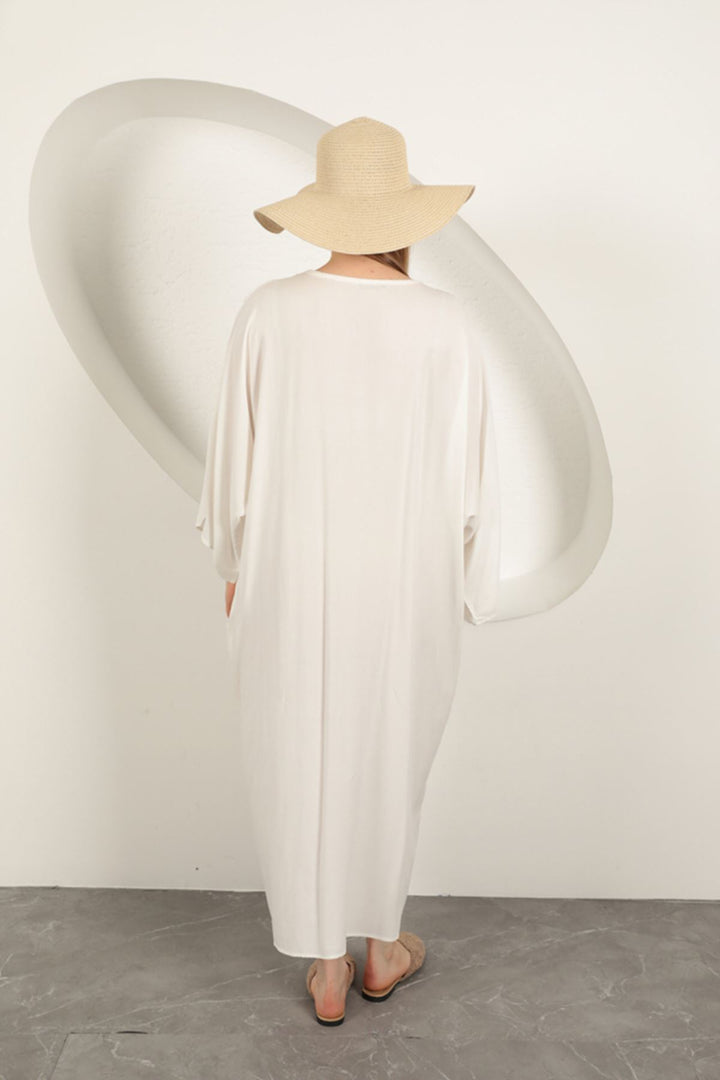 KKT Viscose Leaf Embroidered Dress-Ecru - Ames