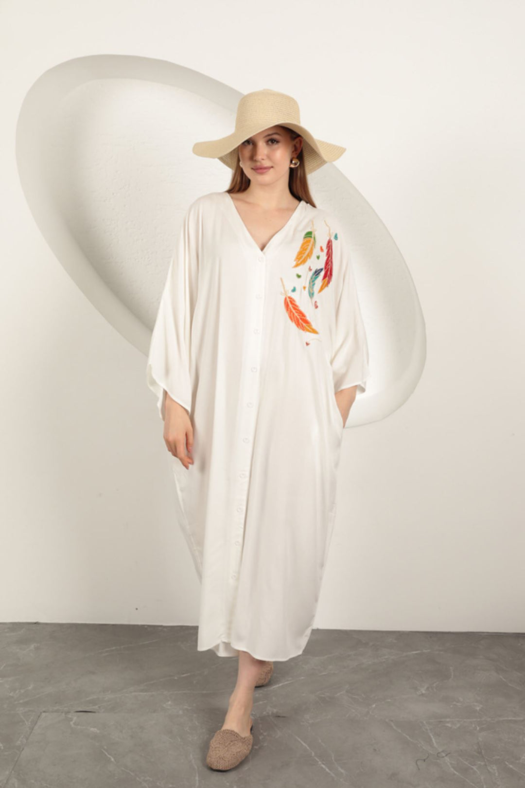 KKT Viscose Leaf Embroidered Dress-Ecru - Ames