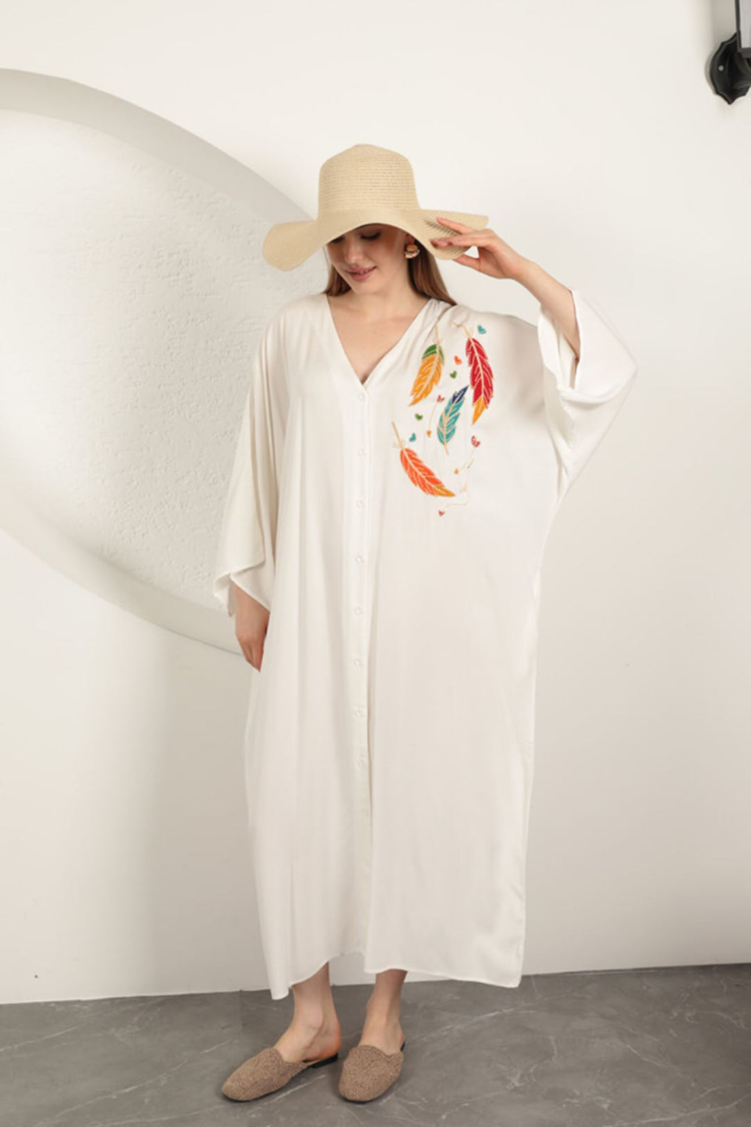 KKT Viscose Leaf Embroidered Dress-Ecru - Ames